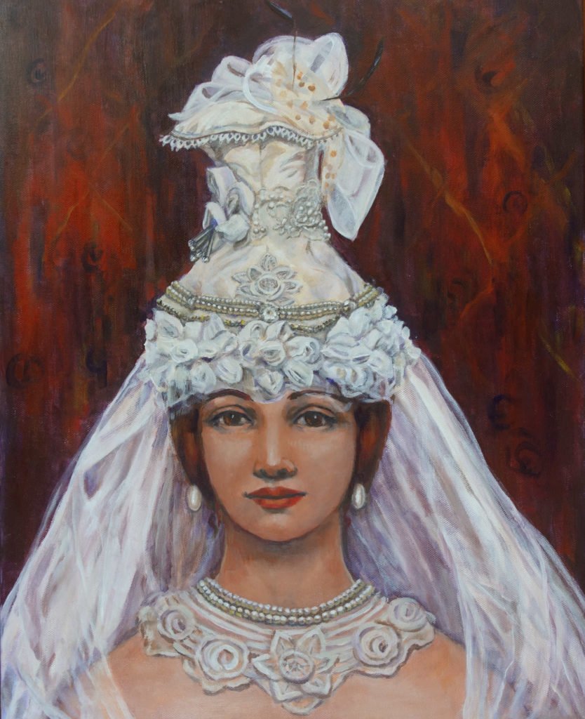 painting of bride wearing a wedding hat